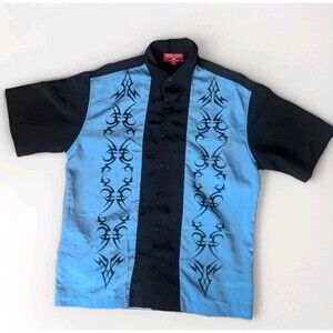 JNCO Jeans Shirt Men's Size S Blue/Black Short Sleeve Tribal Flocked Y2K